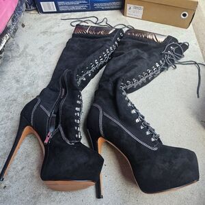 Richealnini women‘s platform high heel over knee boots with zipper lace-up Sz 13